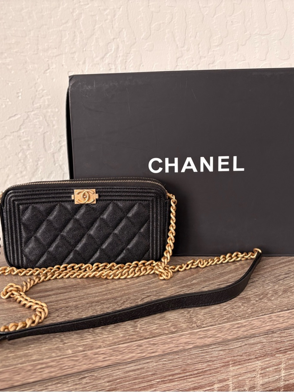 Authentic CHANEL Boy Black Caviar Double Zip Wallet on Chain